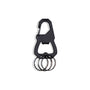 A black carabiner-style bottle opener keychain with four attached metal key rings, shown on a plain white background.