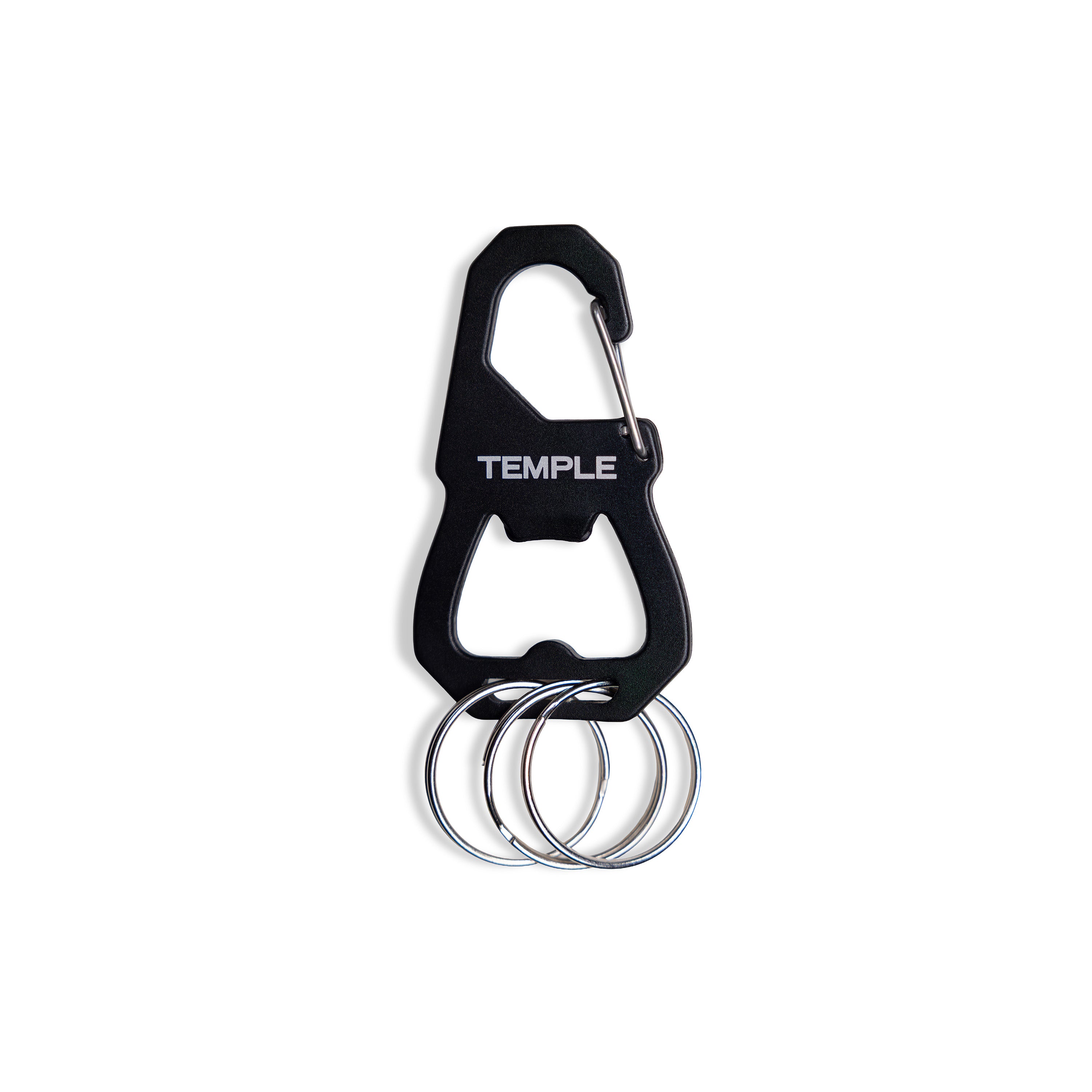 A black metal carabiner keychain tool with three silver key rings, featuring the brand name 'TEMPLE' in white on the side, set against a plain white background.