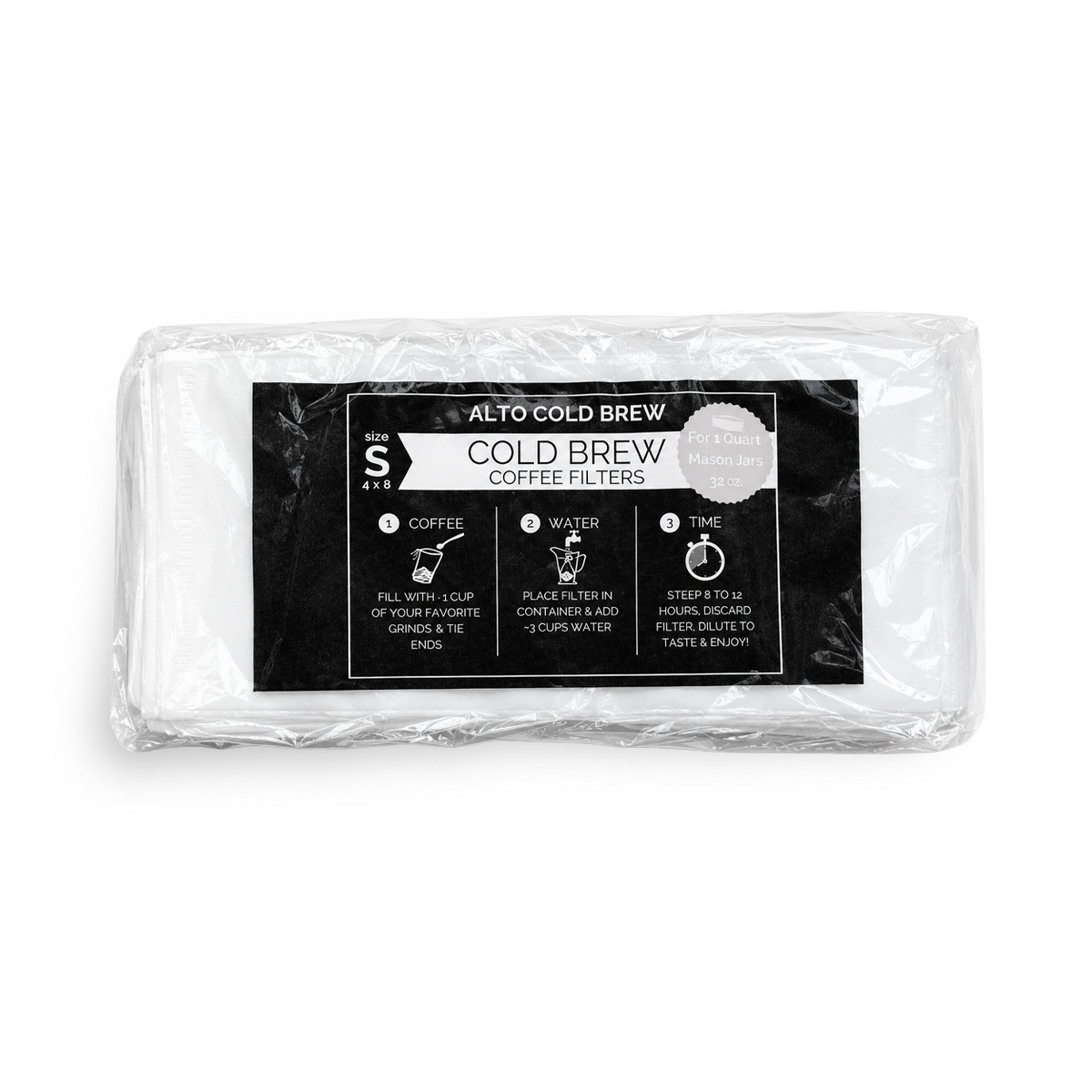A packaged block of Alto Cold Brew Cold Brew Coffee Filters, wrapped in clear plastic with a black and white label showing the brewing instructions.