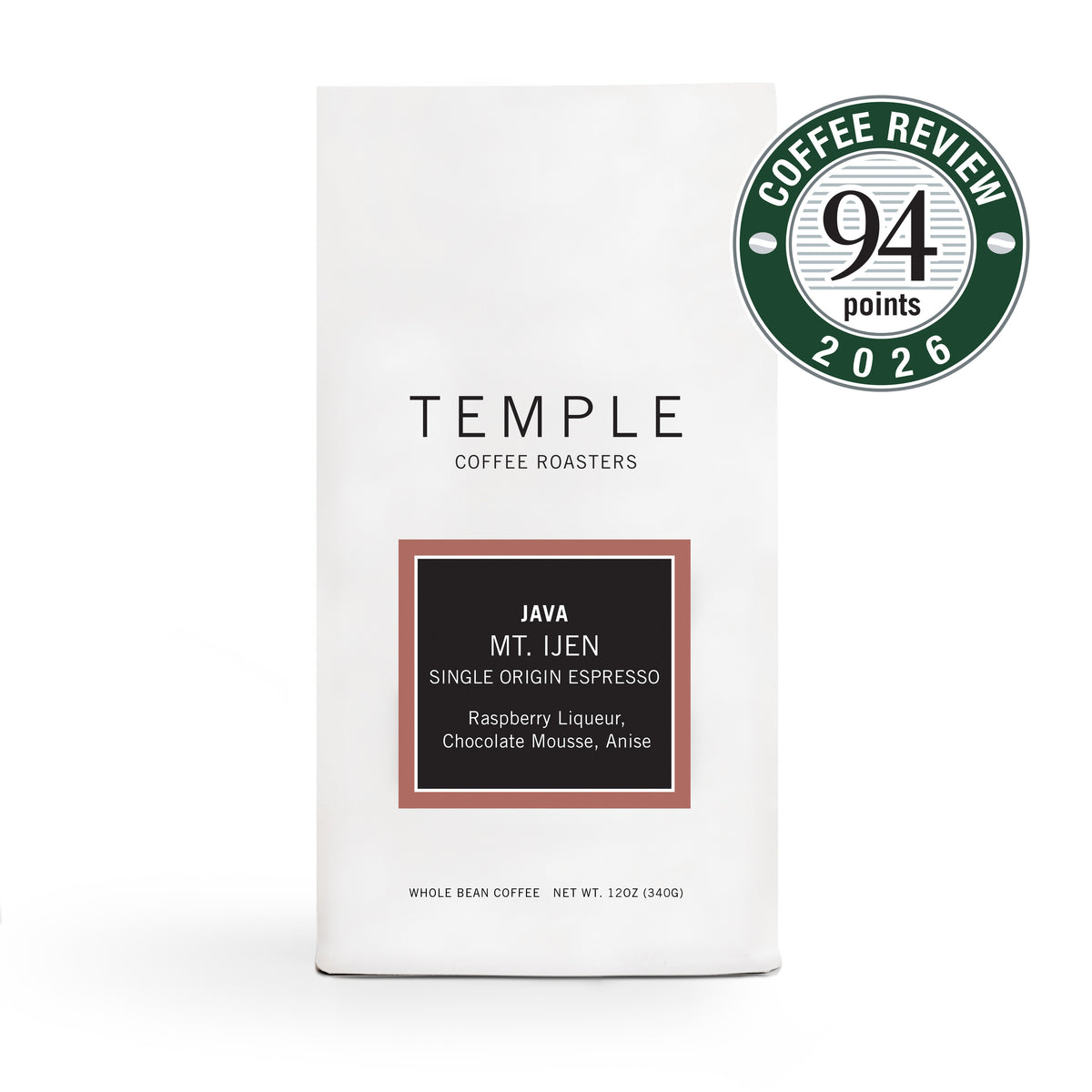 A white bag of Temple Coffee Roasters Java Mt. Ijen Single Origin Espresso coffee beans, featuring a black and brown label, with a green and white 'Coffee Review 94 points 2026' badge overlay in the top right corner.