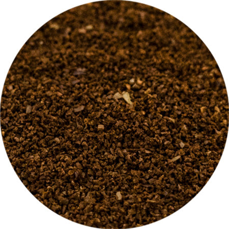Close-up of dark brown coffee grounds.