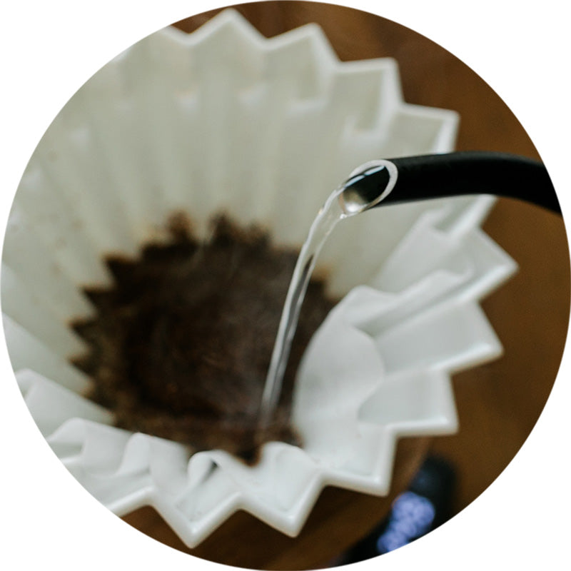 Water being poured into a white coffee filter.