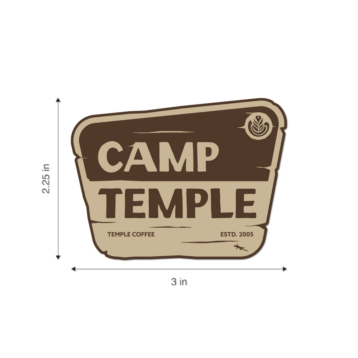 A sticker or decal design reading "CAMP TEMPLE" with smaller text "TEMPLE COFFEE" and "ESTD. 2005," shown with dimension arrows and labels indicating 2.