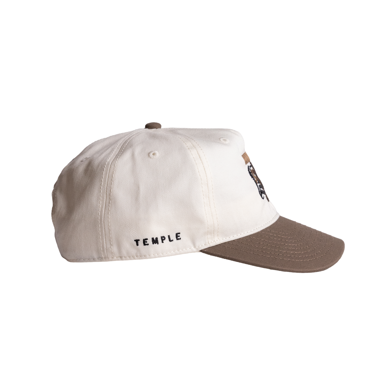 Two-tone cap with 'Temple' branding on a white background