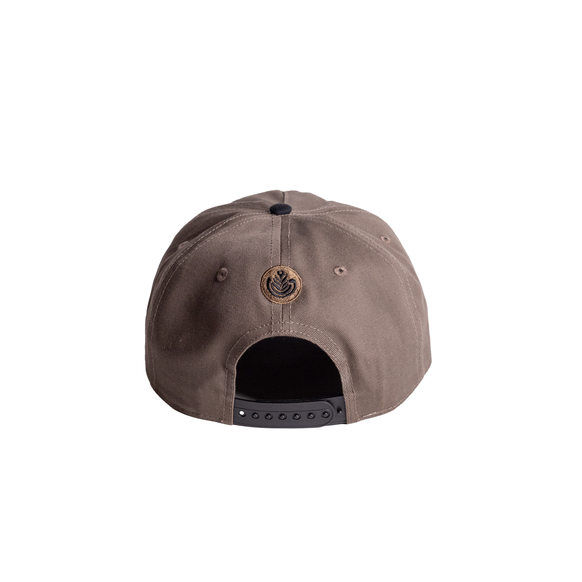 Brown cap with a logo on the back against a white background