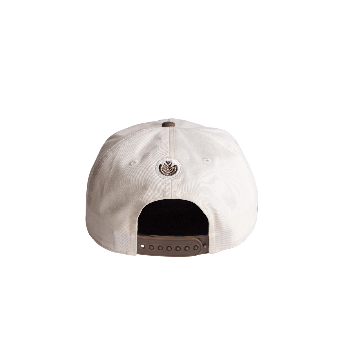 White cap with a logo on the back against a white background