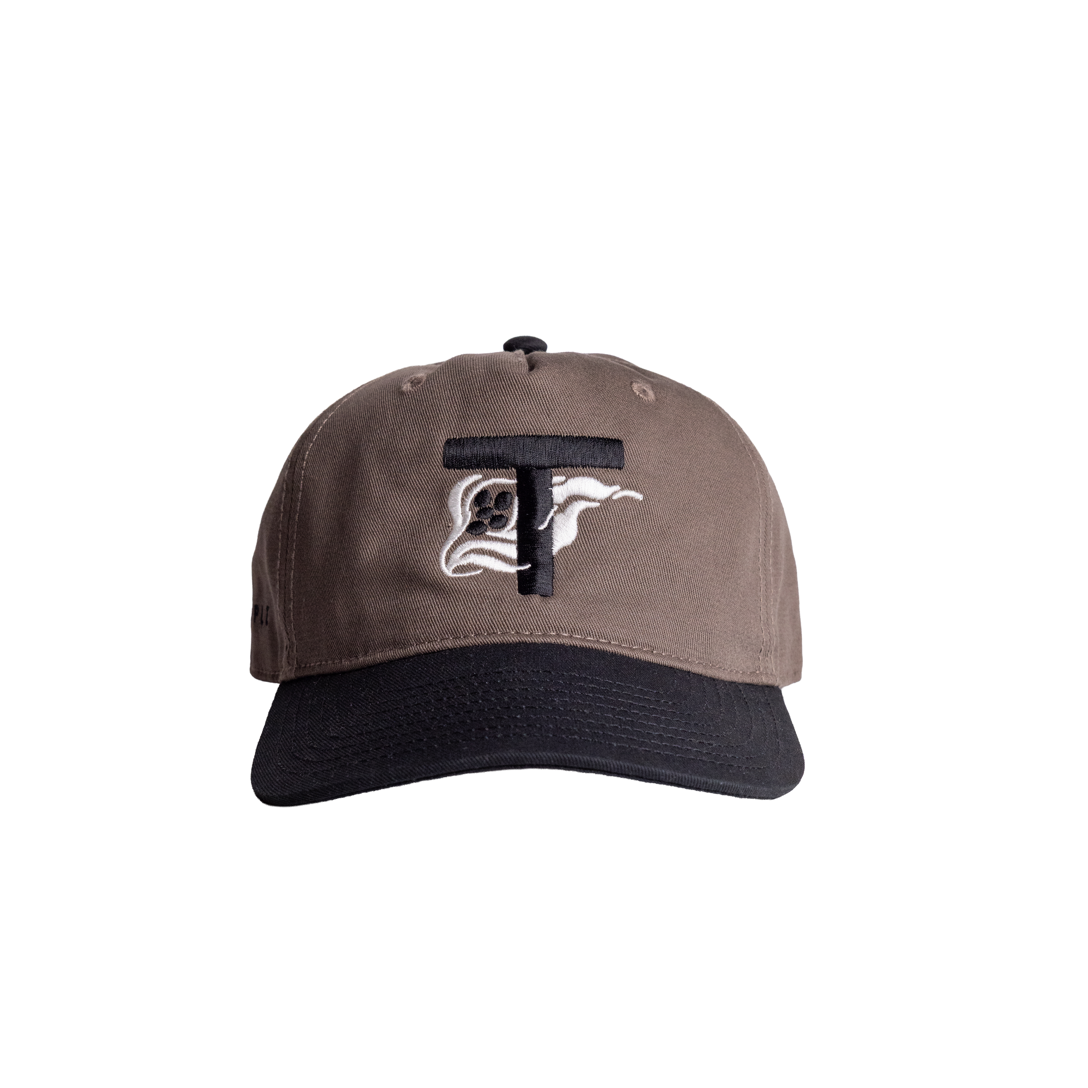 Brown and black cap with a logo on a white background
