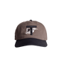 Brown and black cap with a logo on a white background