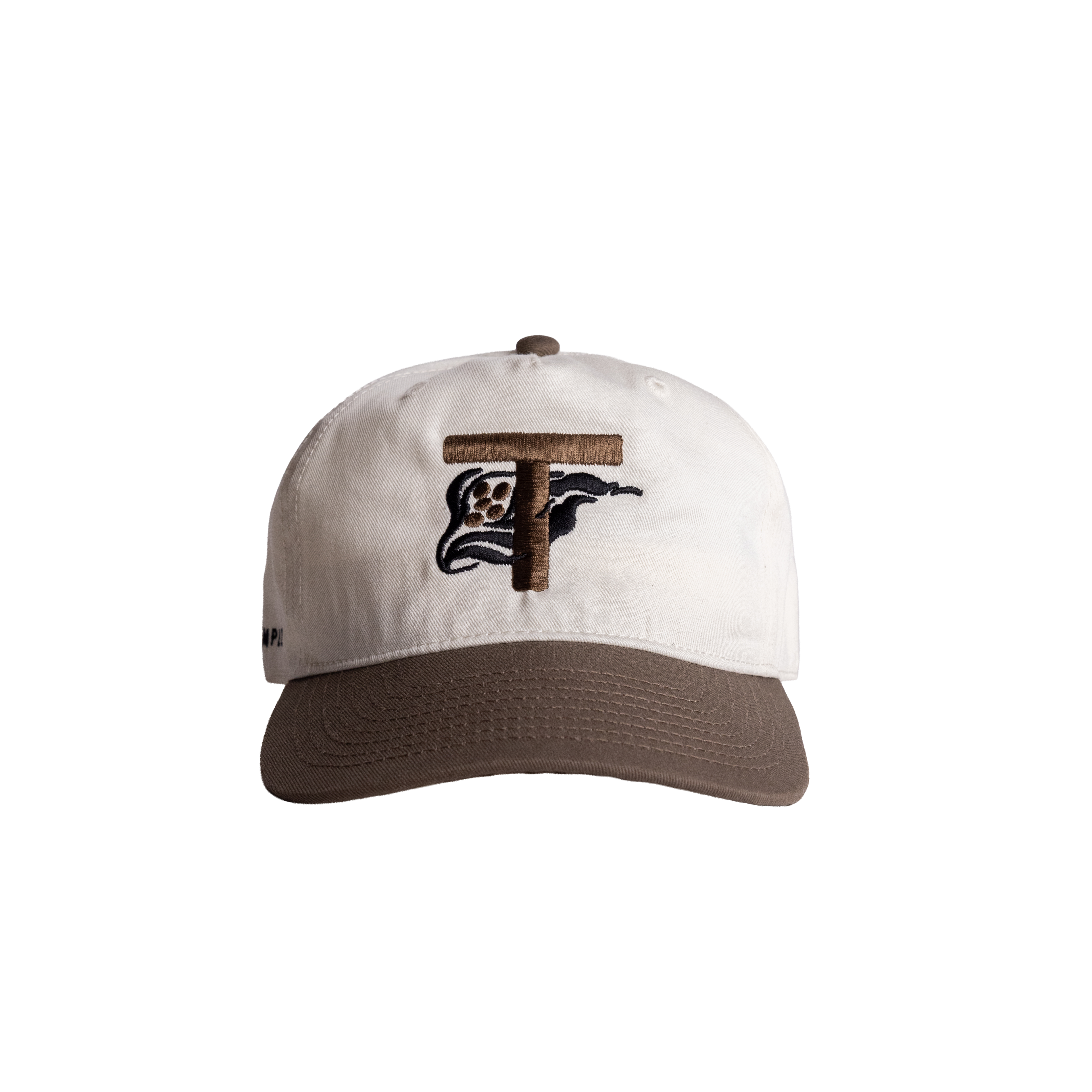 White and brown cap with a logo on a white background