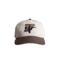 White and brown cap with a logo on a white background