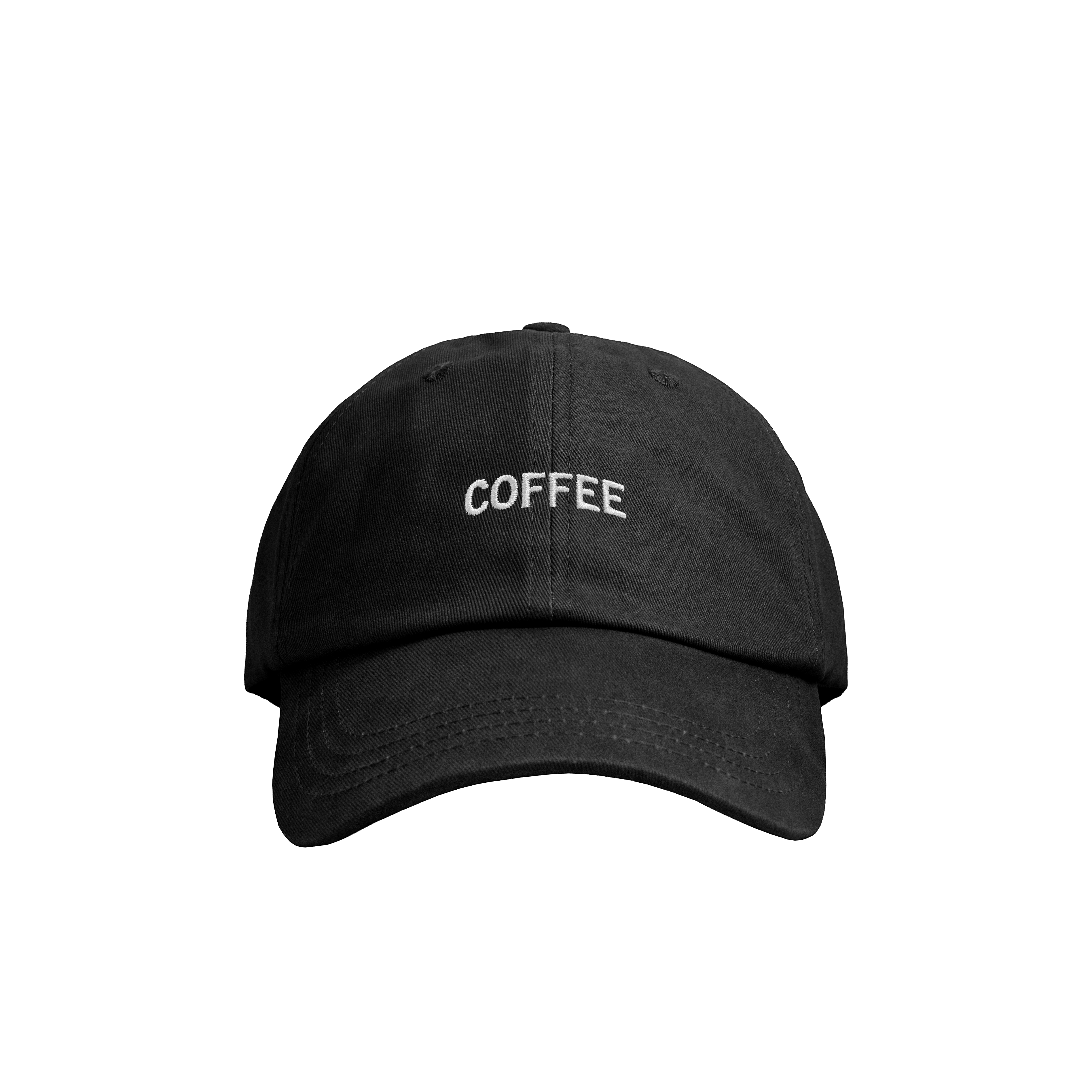 Black cap with 'COFFEE' text on a white background