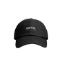 Black cap with 'COFFEE' text on a white background