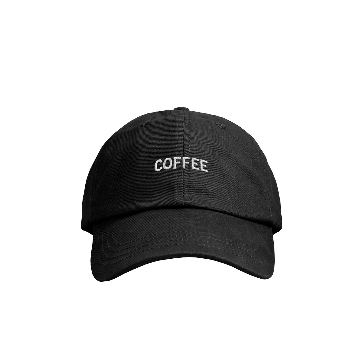 Black cap with 'COFFEE' text on a white background