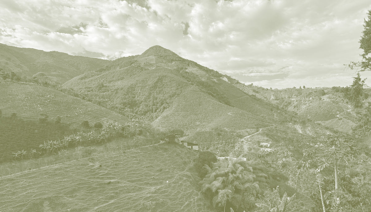 Color-tinted photograph of a mountainous landscape with scattered buildings.