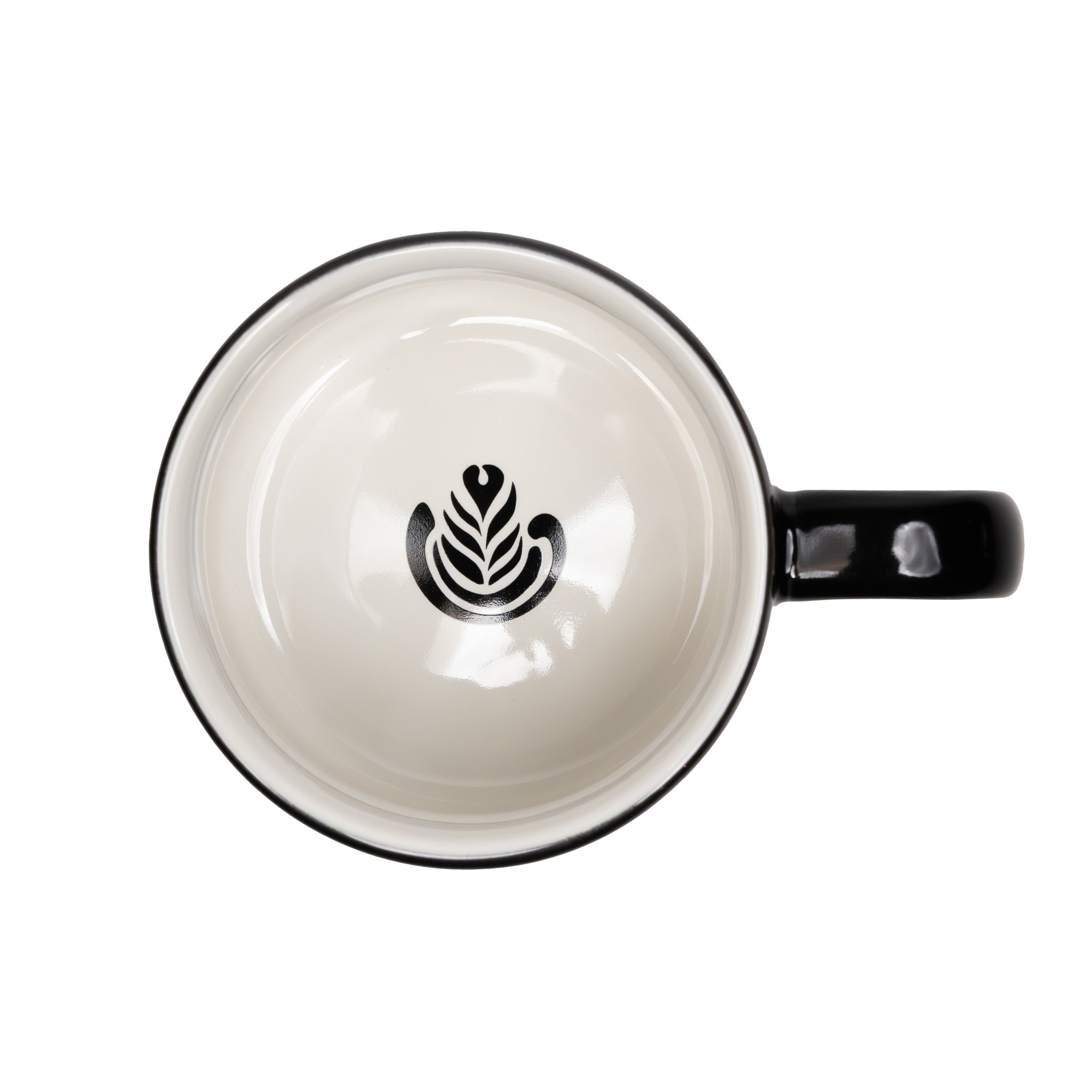 Black mug with a white interior featuring a black logo on a white background