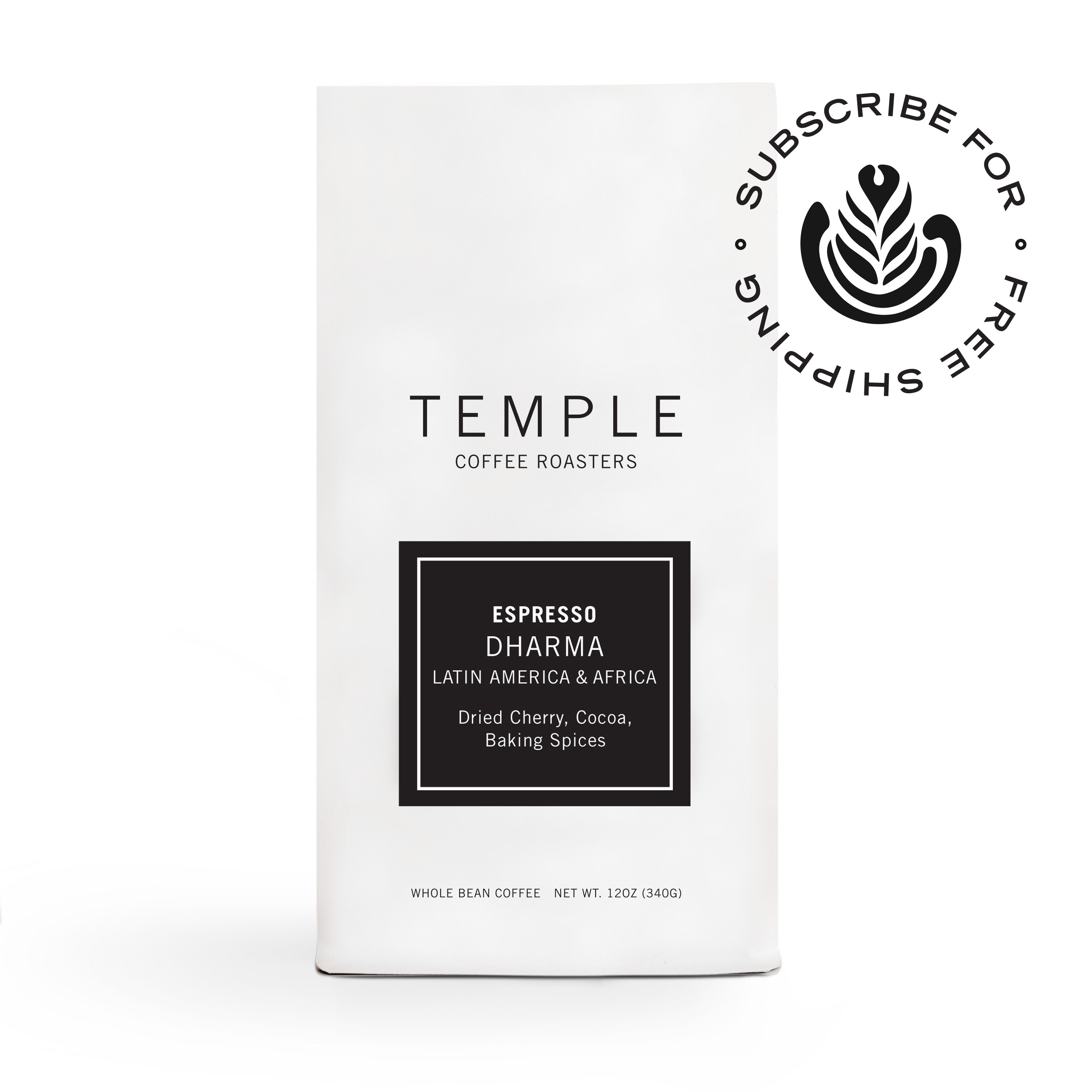 Bag of Dharma Espresso Blend coffee with Subscribe and Ship Free emblem