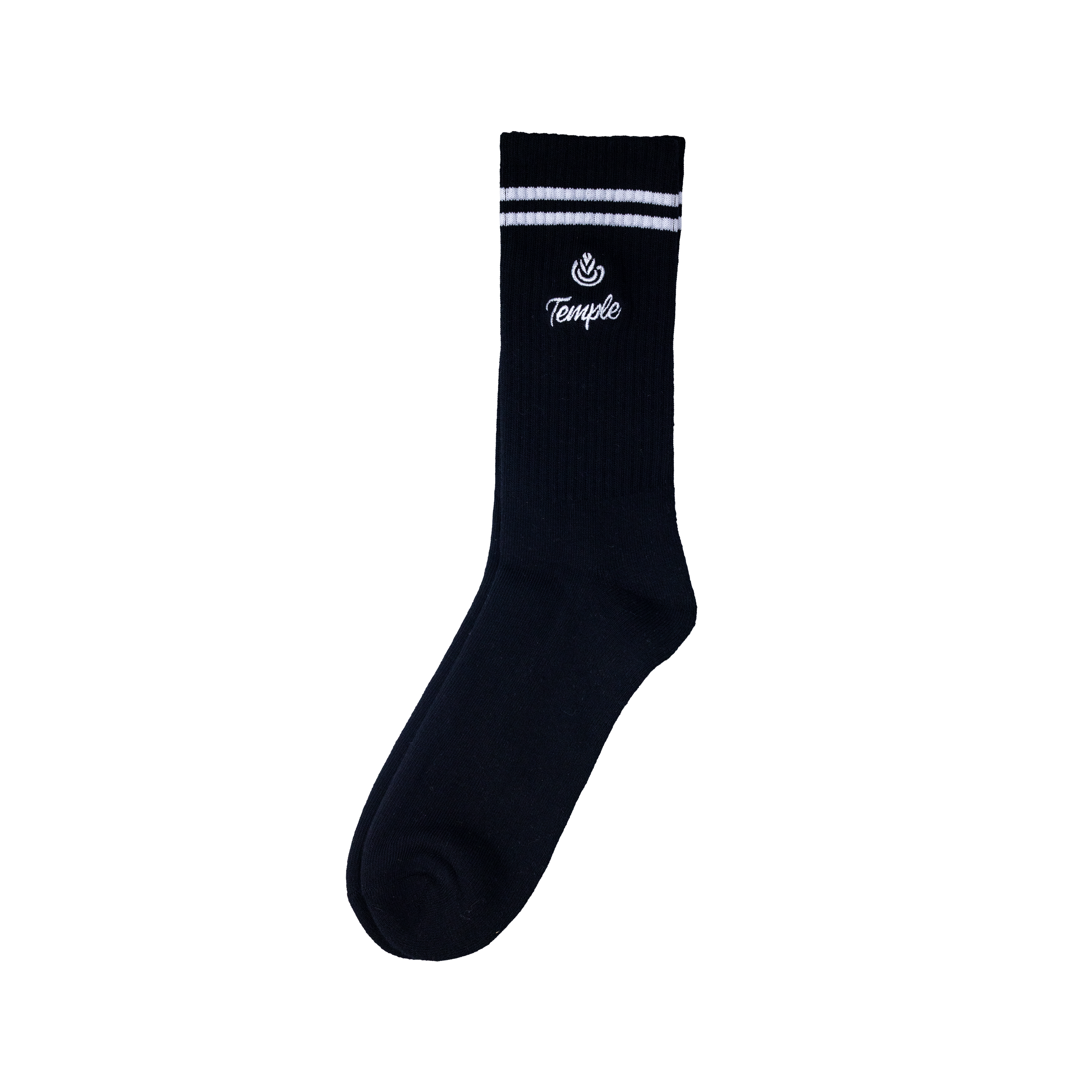 Black sock with white text and stripes on a white background