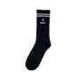 Black sock with white text and stripes on a white background
