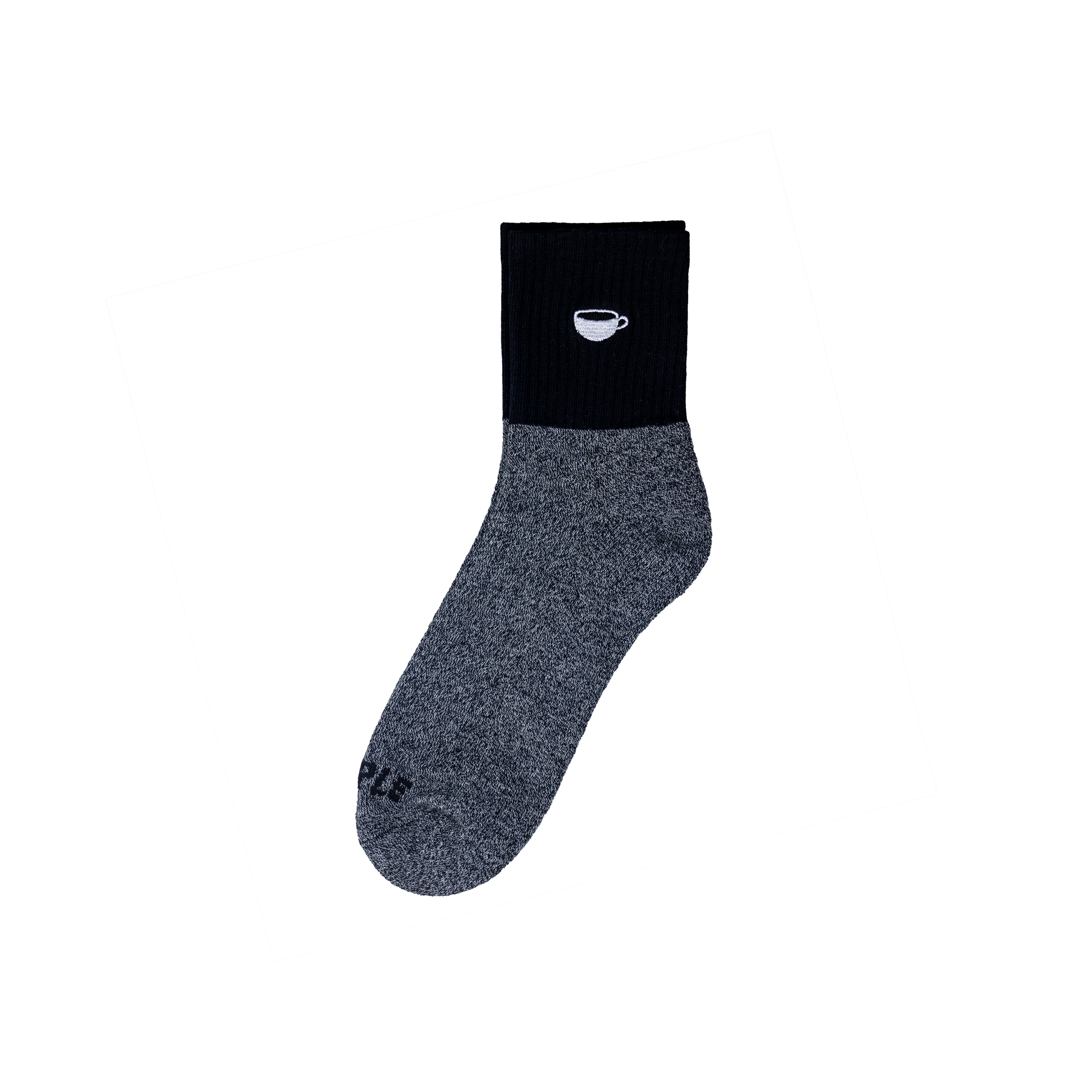 Two socks, half black and half gray with a logo, on a white background