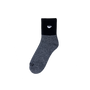 Two socks, half black and half gray with a logo, on a white background