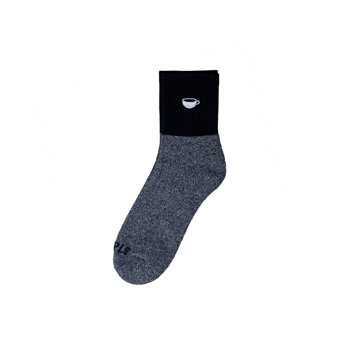Two socks, half black and half gray with a logo, on a white background