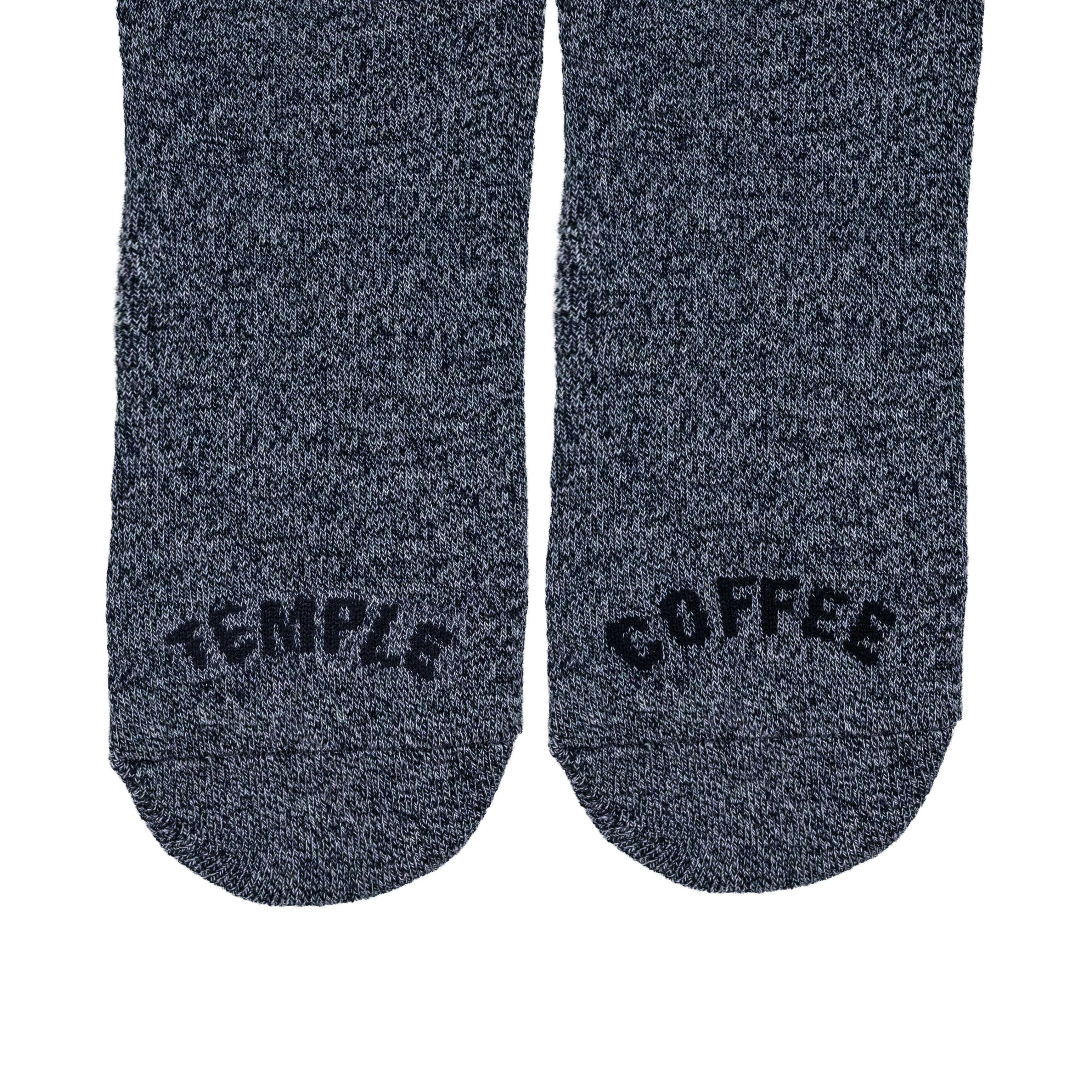 Dark gray socks with 'Temple Coffee' text on a white background