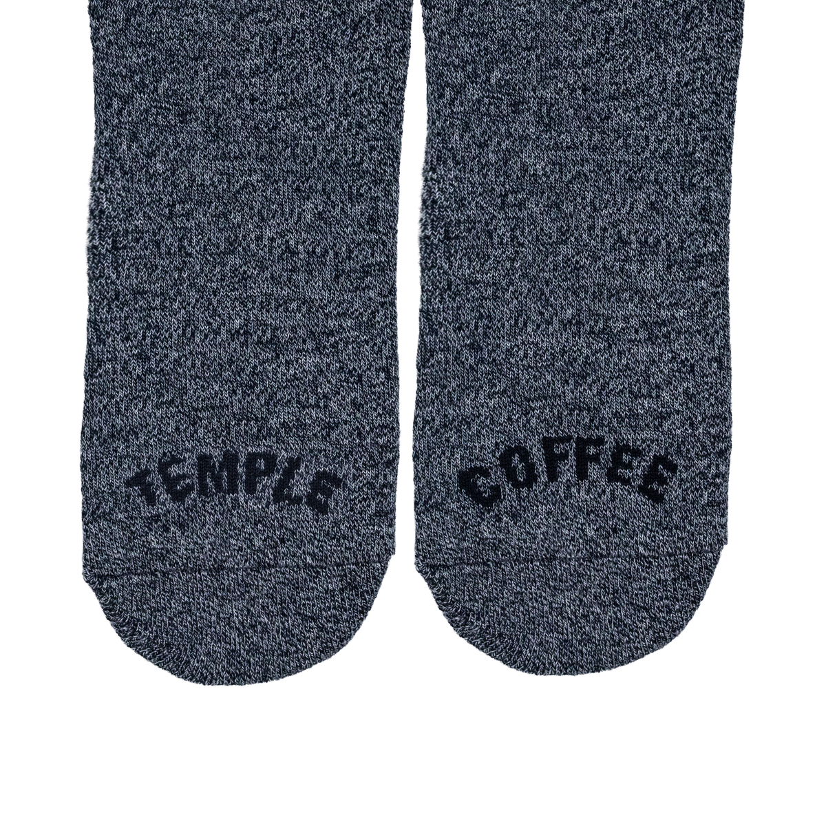 Dark gray socks with 'Temple Coffee' text on a white background