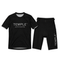 A black Temple Coffee Roasters athletic set consisting of a short-sleeve crewneck t-shirt and matching compression shorts, displayed on a clean white background.