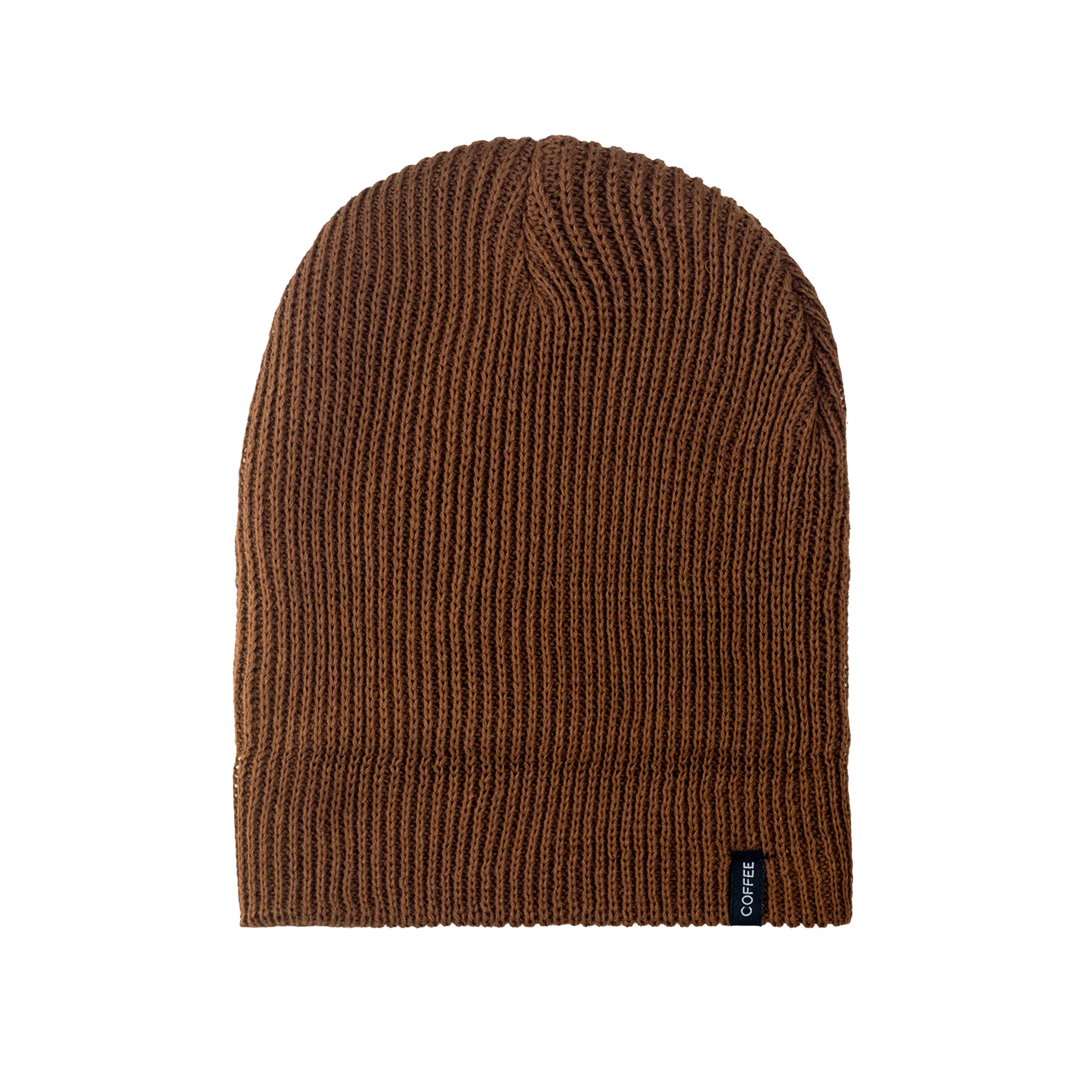Brown knit beanie with a brand label on a white background