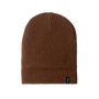Brown knit beanie with a brand label on a white background