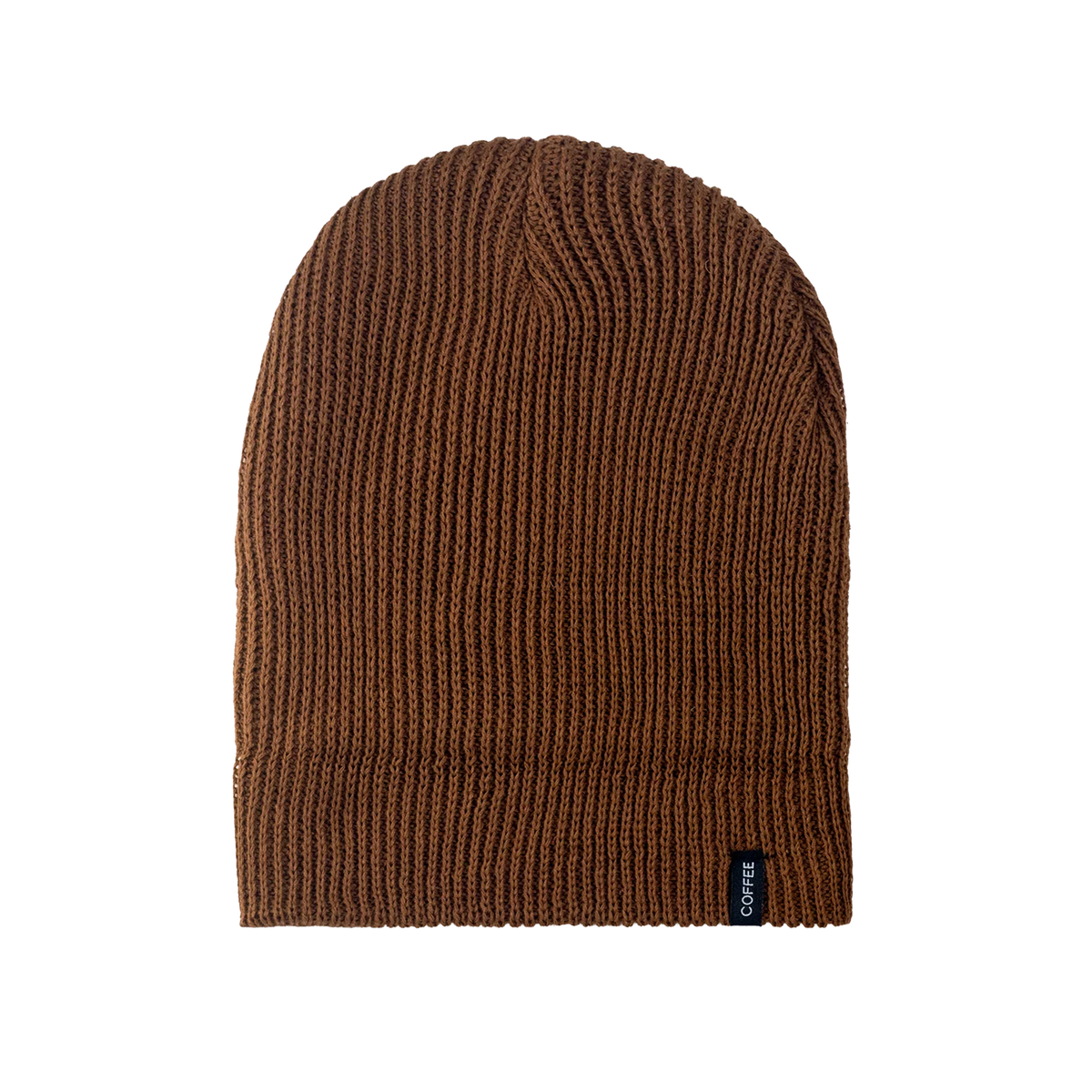 Brown knit beanie with a brand label on a white background