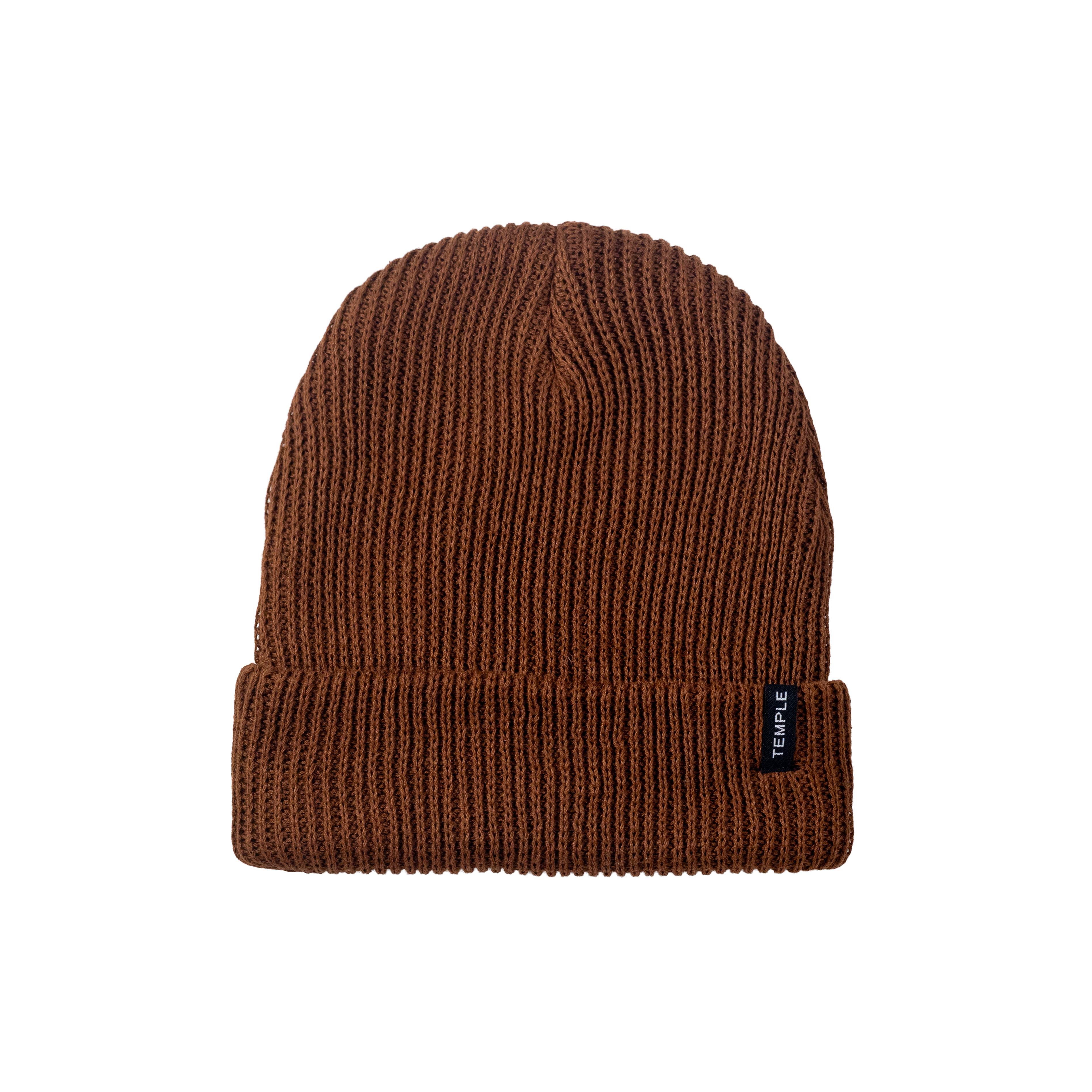 Brown knit beanie with a brand label on a white background