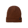 Brown knit beanie with a brand label on a white background