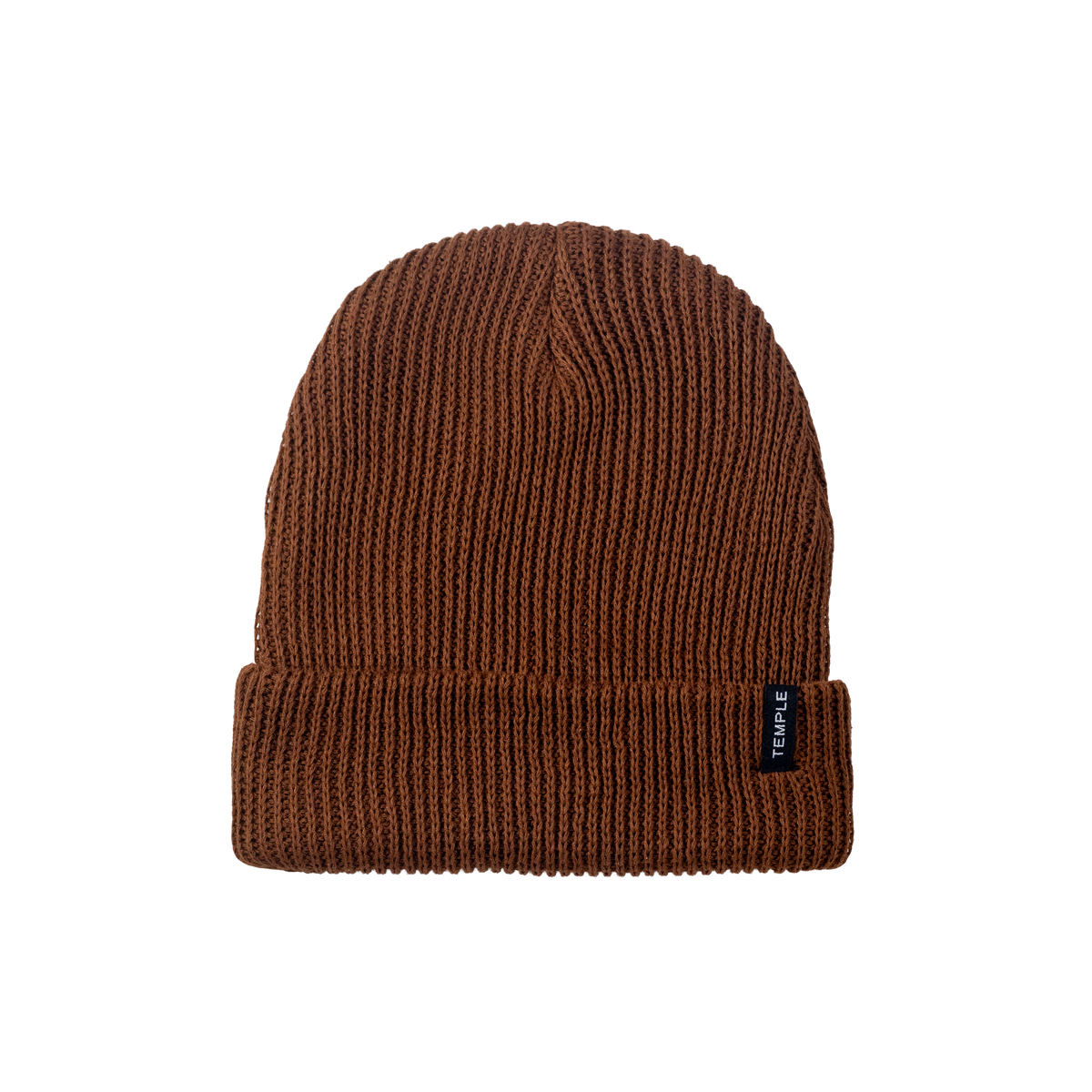 Brown knit beanie with a brand label on a white background
