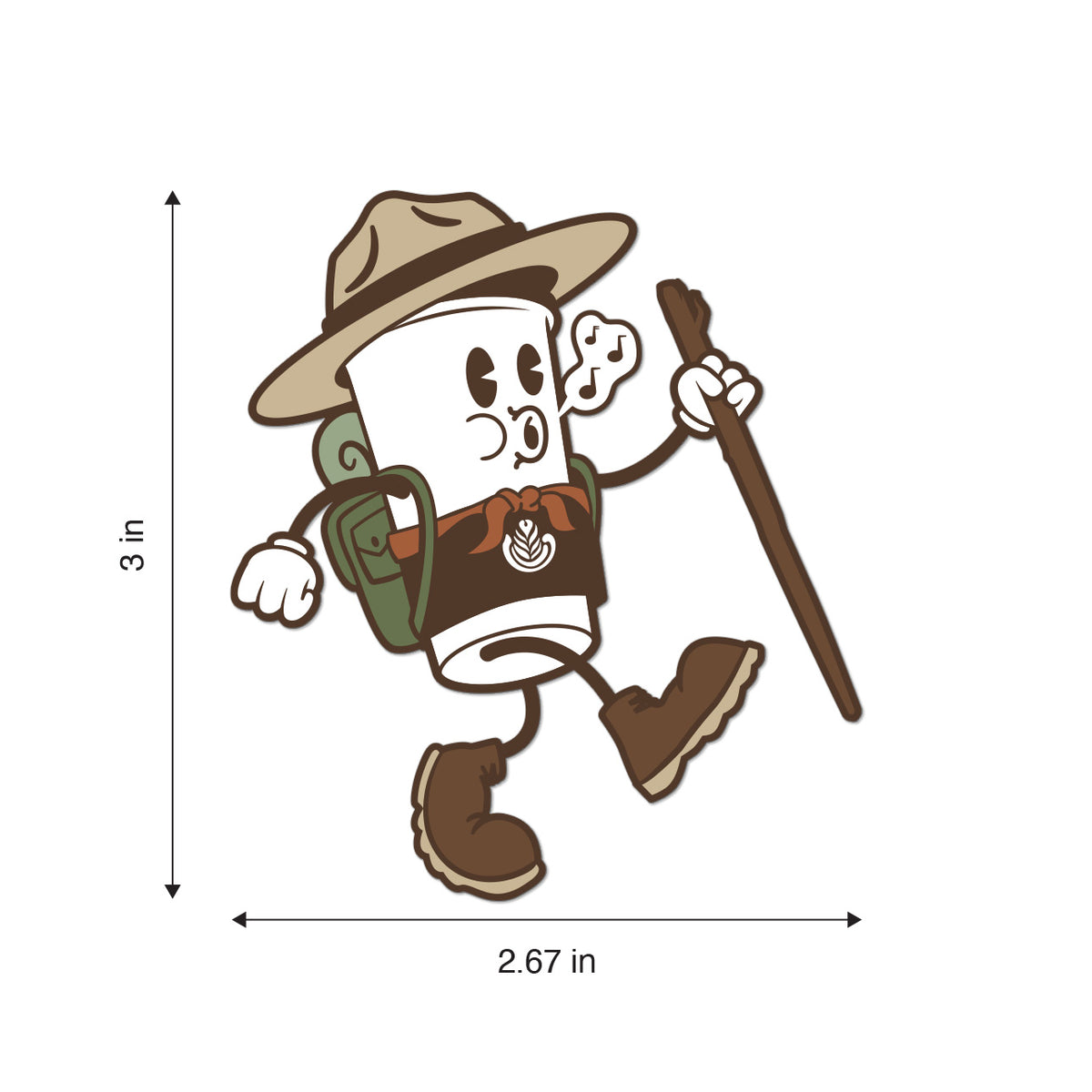 A cartoon coffee cup character wearing a scout hat, backpack, and boots, holding a walking stick, with dimension arrows and labels showing 3 in height and 2.67 in width on a white background.