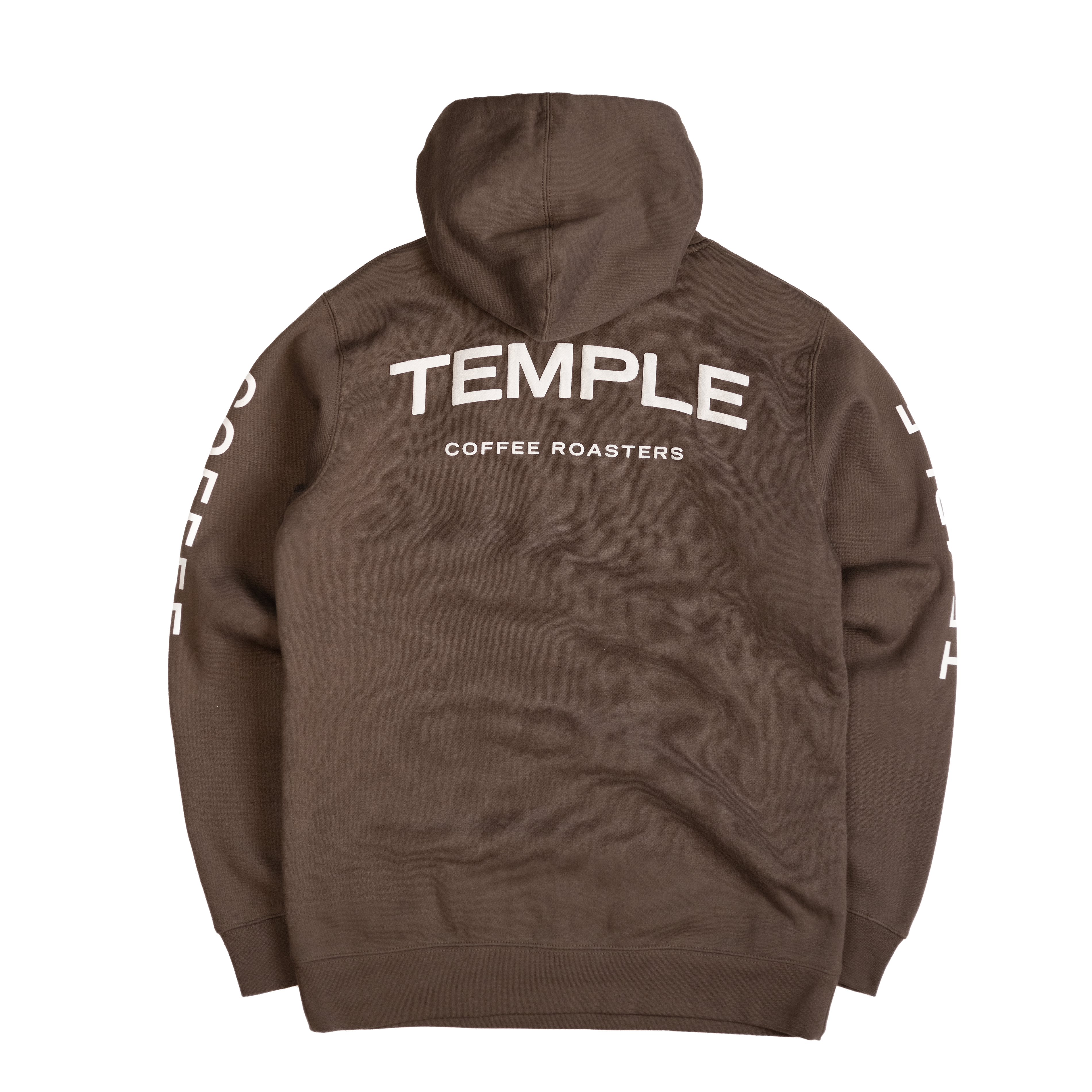 Brown hoodie with 'Temple Coffee Roasters' text on the back against a white background