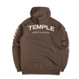 Brown hoodie with 'Temple Coffee Roasters' text on the back against a white background