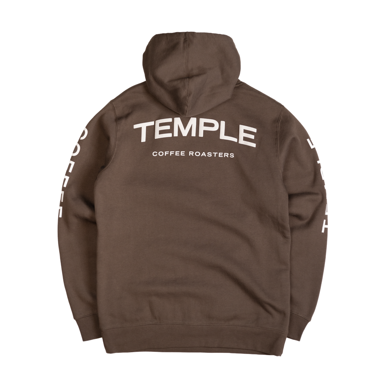 Brown hoodie with 'Temple Coffee Roasters' text on the back against a white background