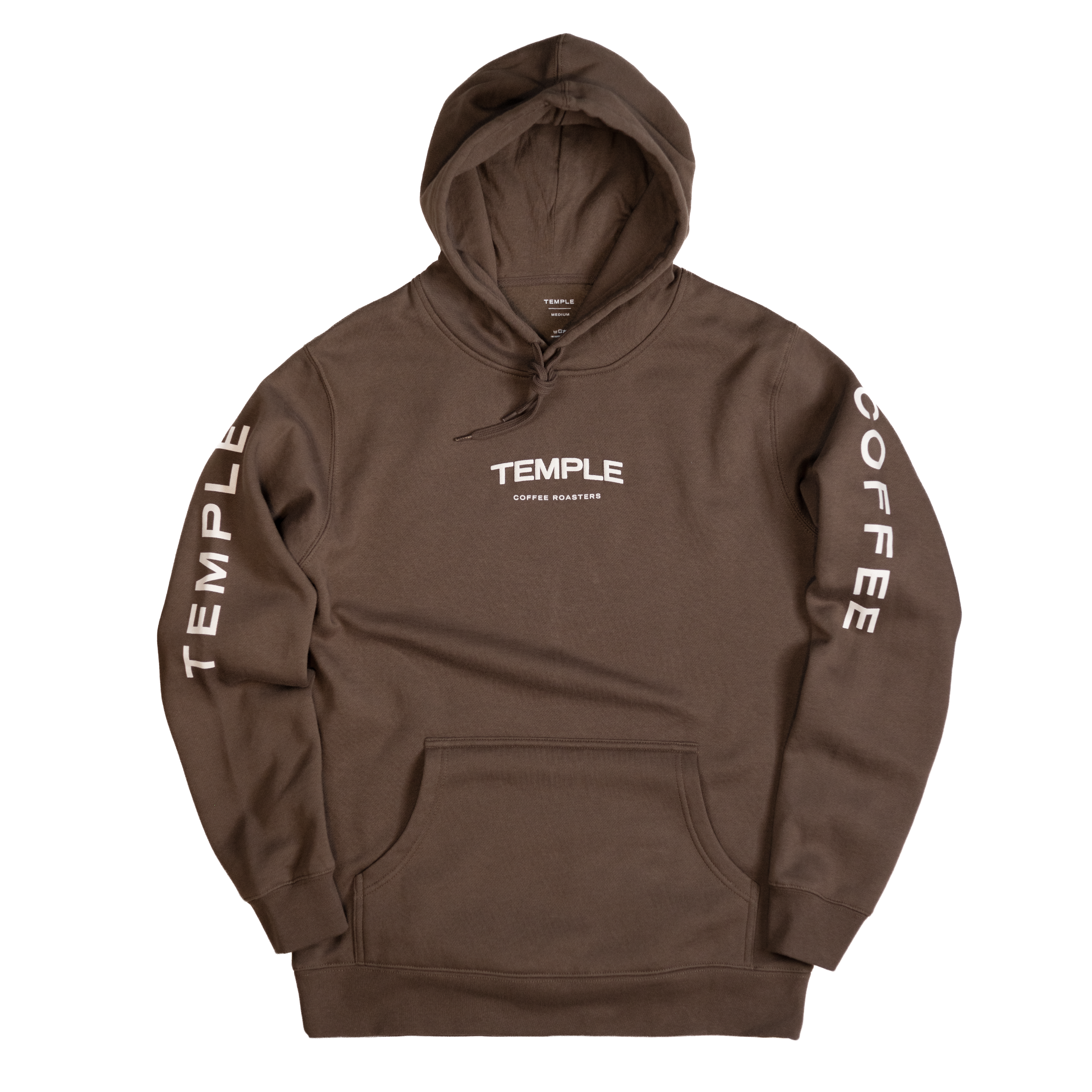 Brown hoodie with 'Temple Coffee' branding on a white background