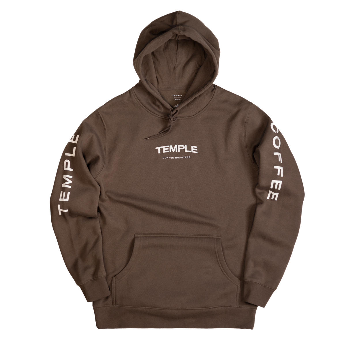 Brown hoodie with 'Temple Coffee' branding on a white background