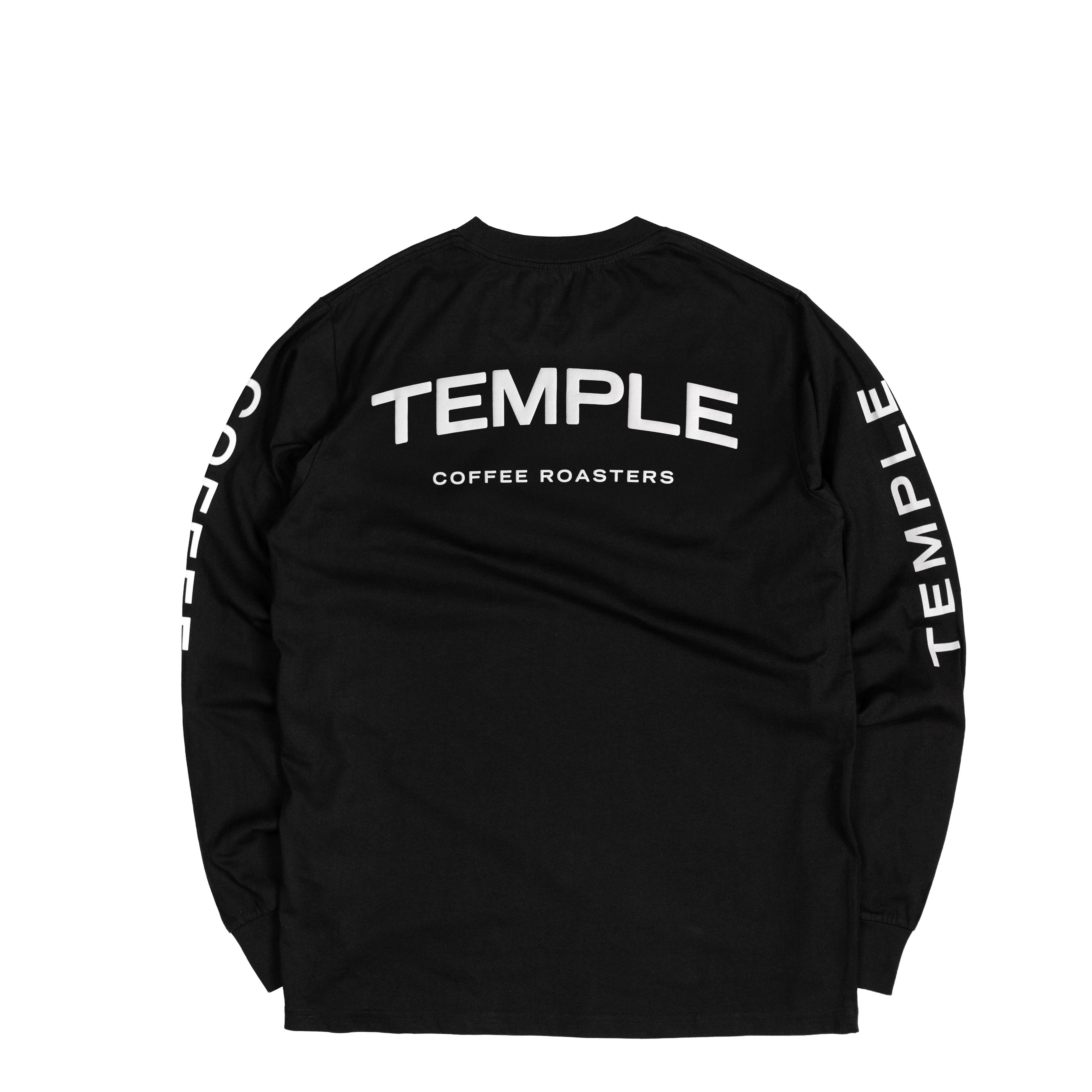 Black long-sleeve shirt with 'Temple Coffee Roasters' branding on a white background