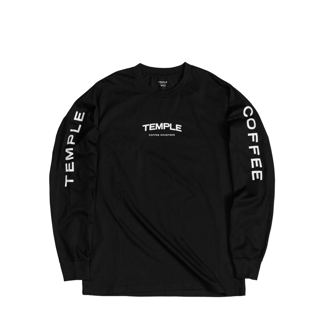 Black long-sleeve shirt with 'Temple Coffee' branding on a white background