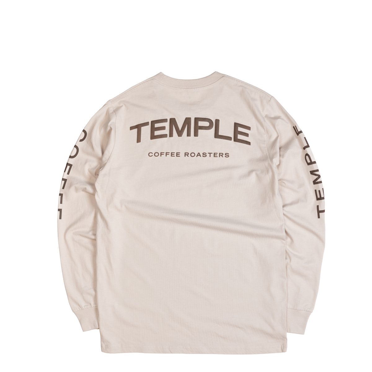 Offwhite long-sleeve shirt with 'Temple Coffee Roasters' branding on a white background