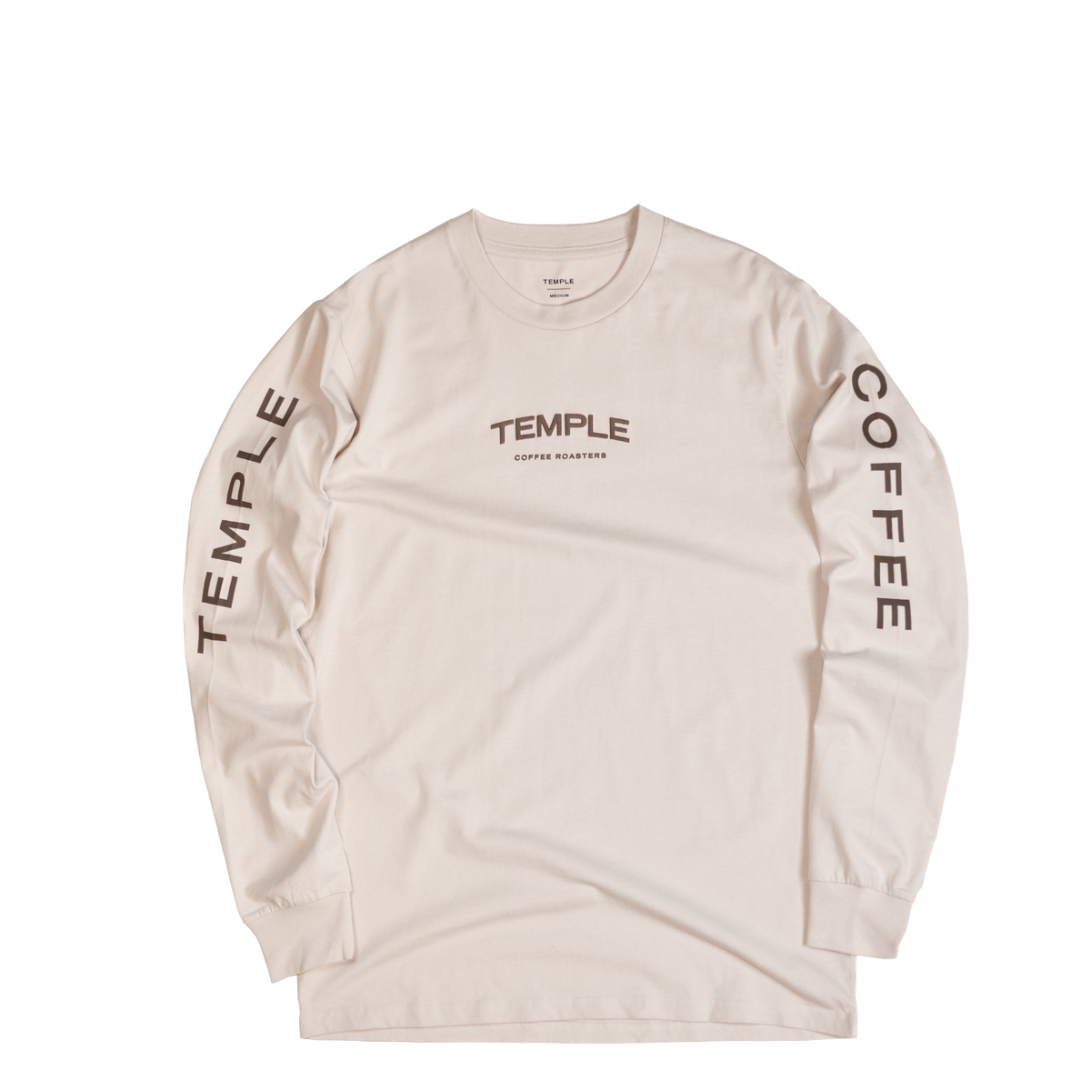 Beige long-sleeve shirt with 'Temple Coffee' text on a white background