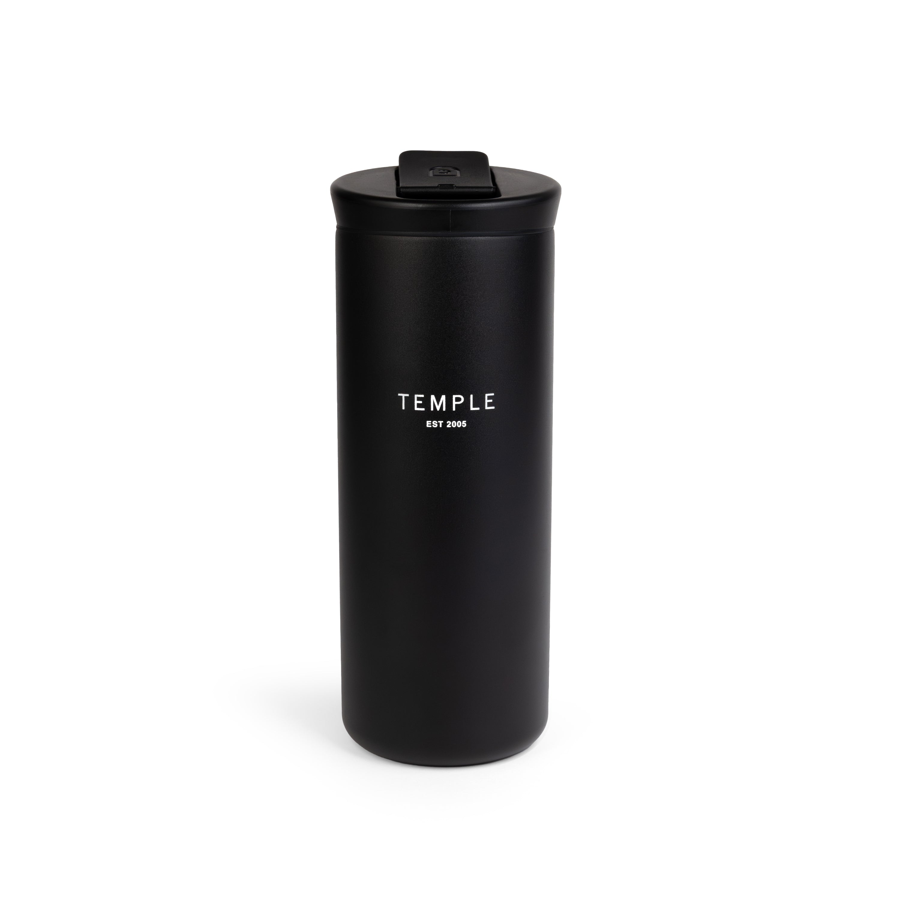 Black tumbler with 'TEMPLE' branding on a white background