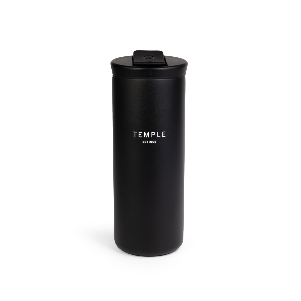 Black tumbler with 'TEMPLE' branding on a white background