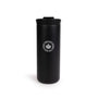 Tumbler with gold and black striped pattern and Harry Potter logo on a white background