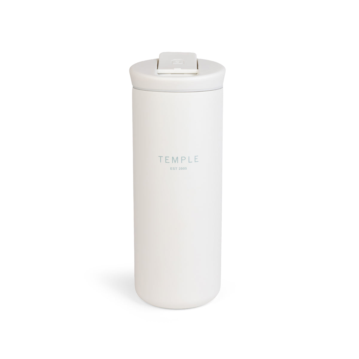 White tumbler with 'TEMPLE' branding on a white background