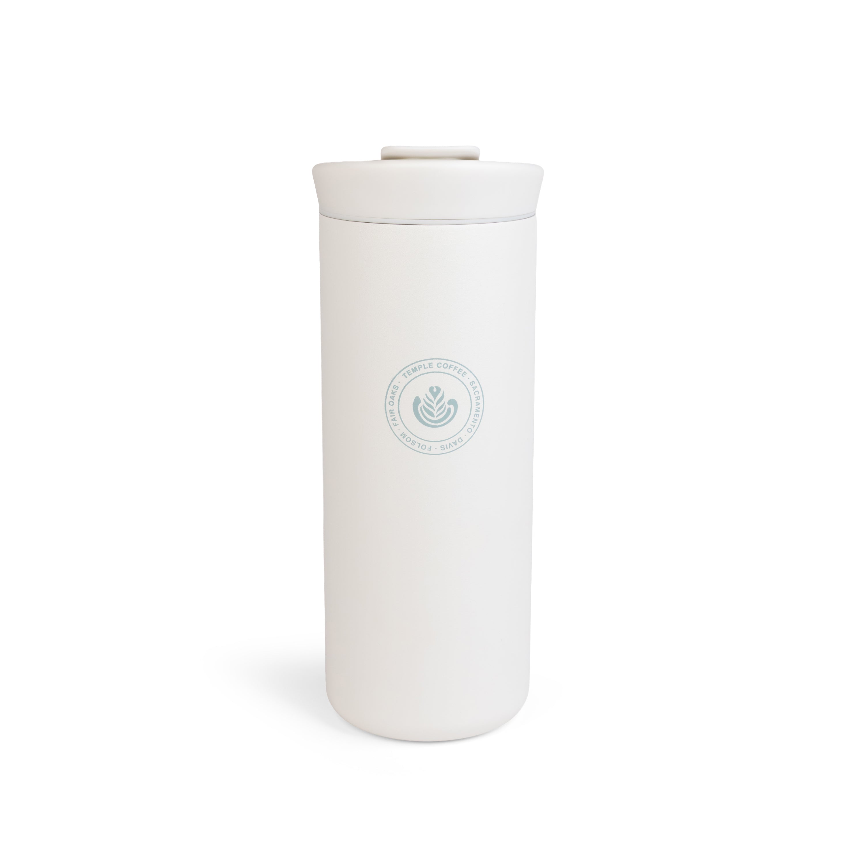 White tumbler with a logo on a white background