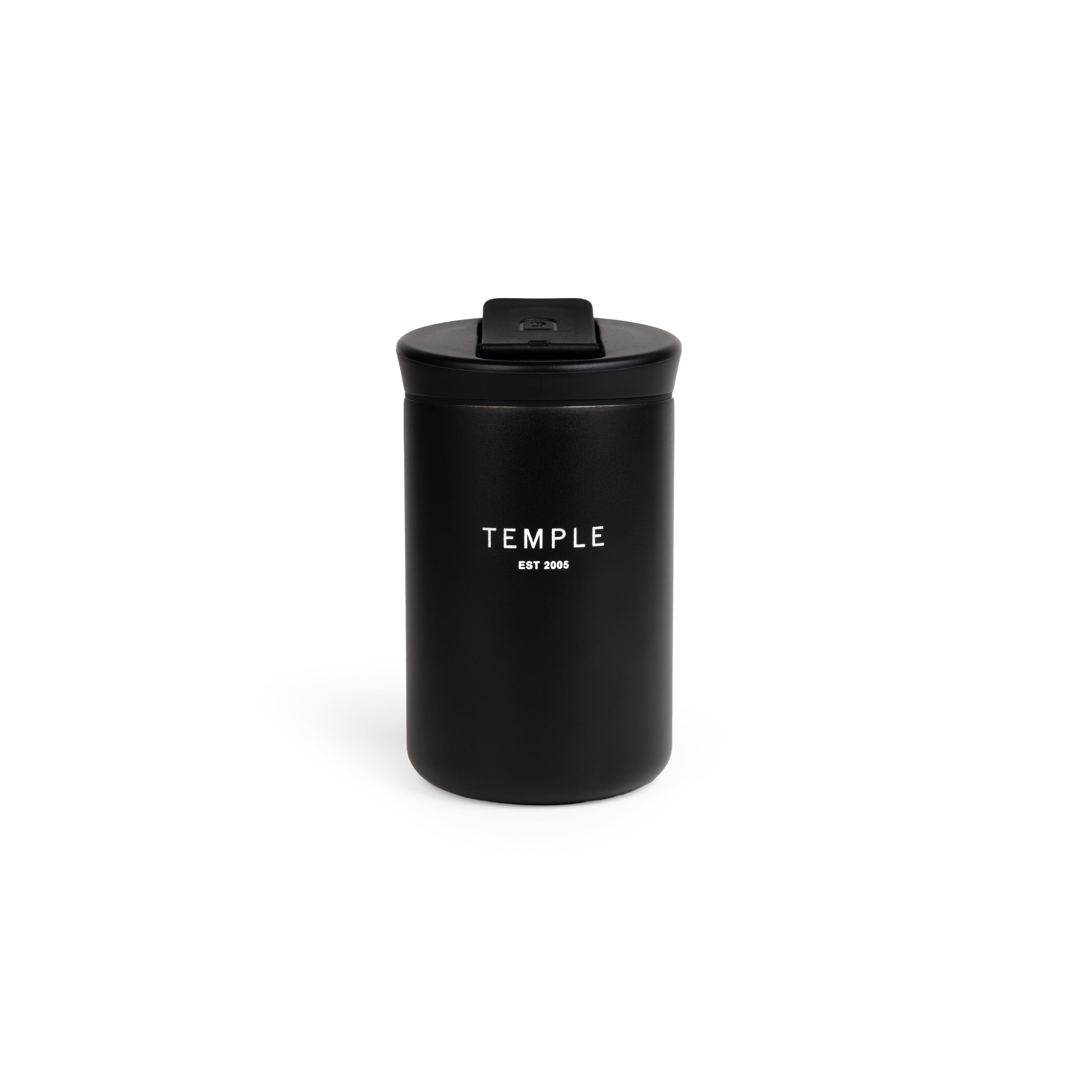 Black insulated mug with 'TEMPLE EST 2008' branding on a white background